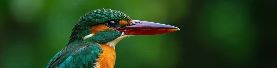 Close-up of a green kingfisher's head, intense gaze, avian photography, nature