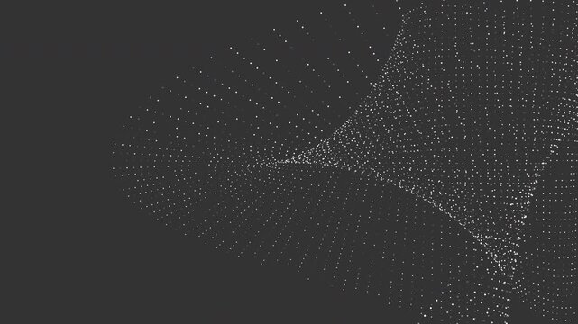 An abstract animation with white dotted patterns rotating, twisting, and crossing over each other on a dark gray background. The flowing motion creates a dynamic, futuristic, and minimal design.