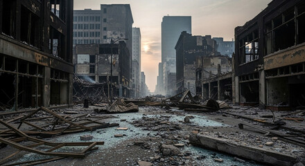 Devastated urban street scene portraying the grim aftermath of a catastrophic event, with widespread destruction and crumbling infrastructure under a hazy, polluted sky