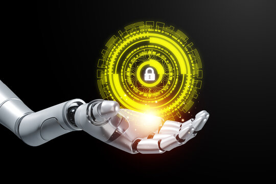 Futuristic robotic hand holding glowing digital padlock hologram, symbolizing cybersecurity, data protection, artificial intelligence security and advanced technology solutions.