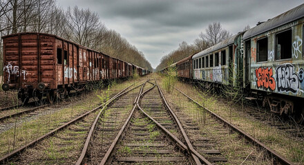 Obraz premium A poignant view of abandoned train tracks and rusty railway wagons left to decay in an overgrown, forgotten industrial landscape, evoking the relentless passage of time