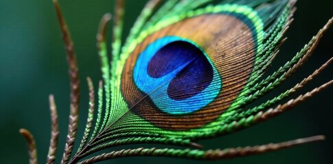 Close-up of a single peacock feather showcasing its eye pattern, background, green