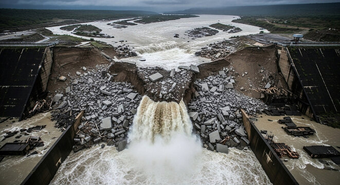 Catastrophic dam breach with powerful floodwaters gushing through the broken structure, leading to widespread destruction and an overwhelming natural disaster