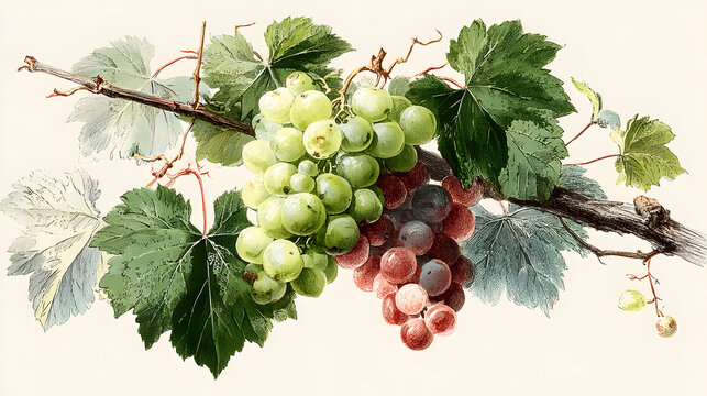 Elegant illustration of a grape cluster with leaves, perfect for wine, food, or nature-themed projects.