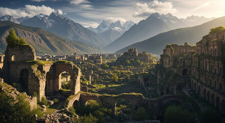 Ancient city ruins, dramatically sculpted by time's whisk, command a verdant valley scene, framed by majestic snow-capped mountains under a breathtaking sky