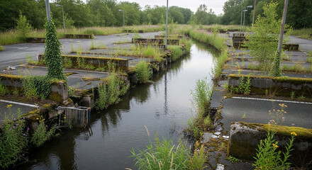 Abandoned asphalt parking lot transformed by nature into an overgrown landscape with a tranquil waterway, symbolizing urban decay and the powerful beauty of natural reclamation