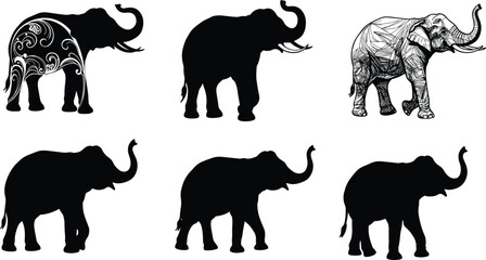 Elephant vector silhouettes and decorative illustrations set with outline, golden ornament, artistic styles, black shapes, cultural design, wildlife artwork
