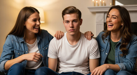 Young man looks serious while friends laugh beside him, capturing relatable social dynamics and emotions.