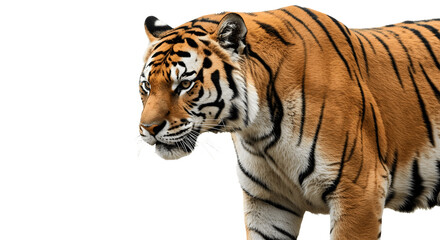 Obraz premium Royal tiger (Panthera tigris corbetti) isolated on white background with clipping path, fierce wild predator staring at prey, majestic hunter concept, Asian big cat, wildlife nature stock photography