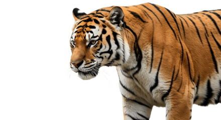 Royal tiger (Panthera tigris corbetti) isolated on white background with clipping path, fierce wild predator staring at prey, majestic hunter concept, Asian big cat, wildlife nature stock photography