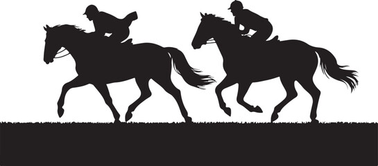 Two black silhouette horse riders on a white background with a grass foreground jockey equestrian