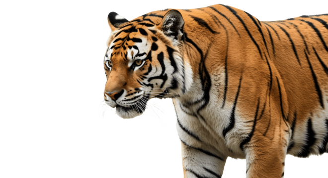 Royal tiger (Panthera tigris corbetti) isolated on white background with clipping path, fierce wild predator staring at prey, majestic hunter concept, Asian big cat, wildlife nature stock photography