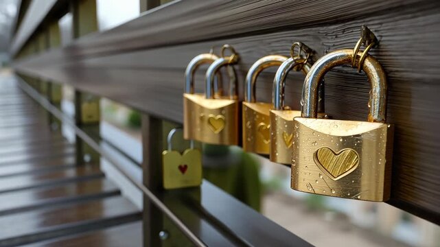 Colorful locks cling to a bridge, symbolizing love and connections as rain falls softly, creating a serene atmosphere