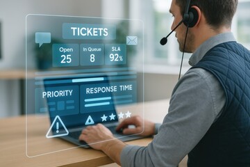 Customer support action managing service tickets in a modern office environment using advanced technology