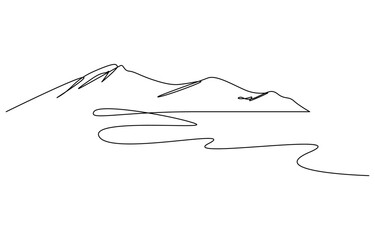 Continuous one line drawing of Mountain lake vector illustration isolated on transparent background. Eps 10