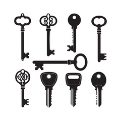 Antique Key Silhouettes – Medieval & Modern Vintage Keys Vector Set.