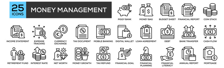 Money Management icon set. Containing design Piggy Bank, Money Bag, Budget Sheet, Financial Report, Coin Stack. Solid icon collection.