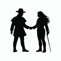 Man and woman in historical attire shaking hands silhouette Keywords: man, woman, historical, attire