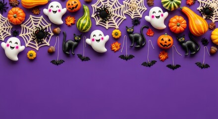 Festive halloween arrangement featuring ghosts black cats pumpkins bats and spiderwebs on a vibrant purple background creating a spooky and fun holiday atmosphere