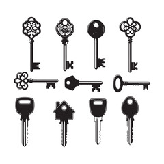 Antique Key Silhouettes – Medieval & Modern Vintage Keys Vector Set.
