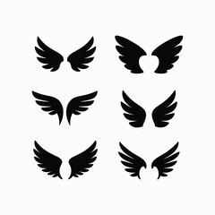 Fototapeta premium Set of six black silhouette angel wings icons Keywords: wings, angel wings, silhouette, icon, set