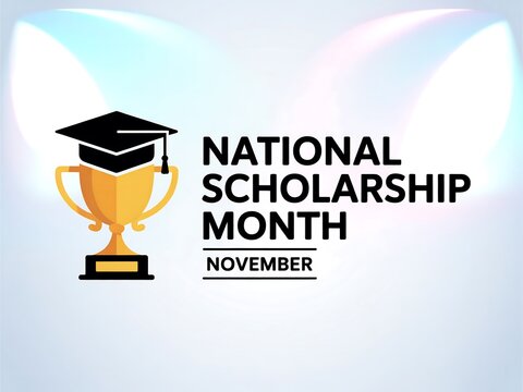 Celebrate national scholarship month in november with a graduation cap and trophy symbolizing academic achievement and success - Powered by Adobe