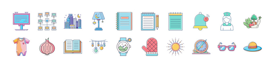 Collection of miscellaneous icons depicting various objects and symbols in cartoon style