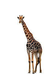 Obraz premium Adult giraffe standing tall and looking forward, showcasing its distinctive brown and black spotted hide, isolated on a transparent background.