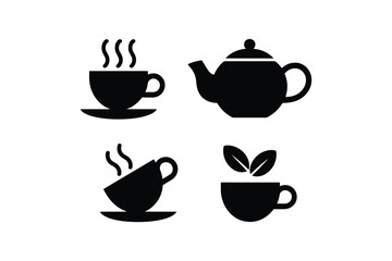 Warm beverage icons: a steaming cup, a teapot, and a tea cup with leaves