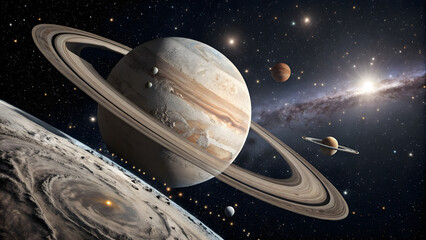 Stunning saturn ringed planet with distant star and spacecraft in deep space exploration