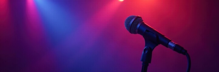 Close-up of microphone on stage, cables visible , technology, music, microphone