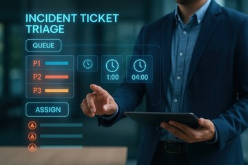 Incident ticket triage process in corporate environment digital dashboard overview professional analysis business setting close-up perspective