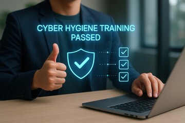 Cyber hygiene training completion acknowledgment online digital certificate professional environment close-up view cybersecurity awareness