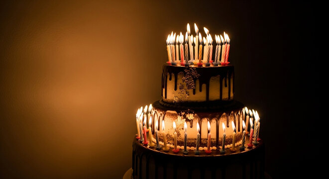 Festive tiered birthday cake illuminated by glowing candles, perfect for celebrations - Powered by Adobe