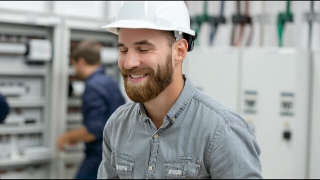 Young male electrician smiling towards camera with arms crossed at industrial plant. Engineer at work concept footage.