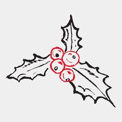 Hand drawn holly berry line art. Vector sketch illustration in vintage crayon textured style. Merry Christmas symbol. Minimalist Christmas botanical Illustration.