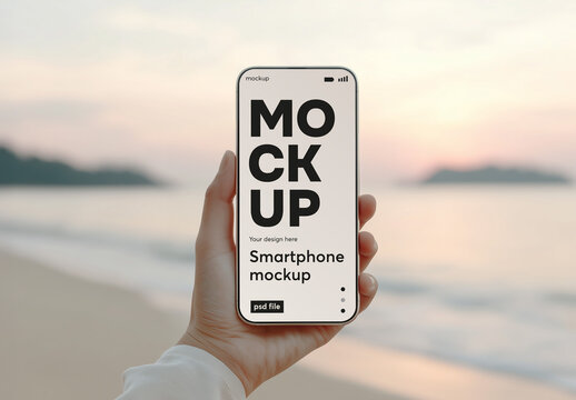 Smartphone in hand with beach background mockup