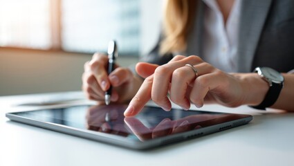 Fototapeta premium Businesswoman hands multitasking using touchscreen tablet and holding pen, managing corporate tasks, digital workflow, and financial planning at office desk