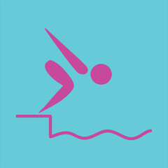 Clean graphic illustration showing a stylized athlete diving from a starting block into water, representing competitive swimming, aquatic sports, and athletic prowess