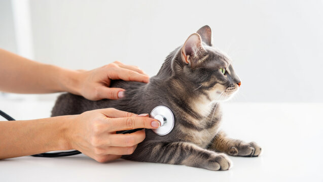 Veterinarian using a stethoscope for a routine health check up on a domestic cat, emphasizing animal wellness, preventative care, and professional pet examination