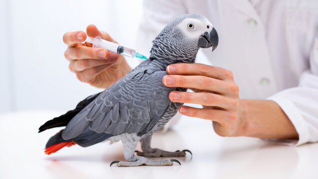 African grey parrot receiving an injection from a veterinarian, symbolizing pet health, animal care, and routine medical checkups in a professional clinic environment