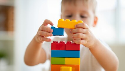 Little boy building a colorful toy tower structure using plastic construction bricks, developing fine motor skills and creativity during childhood play at home