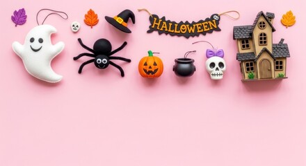 Halloween decorations featuring a ghost spider pumpkin and haunted house on pink