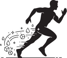 Dynamic Runner Silhouette with Ice Cubes and Water Droplets. Symbol of Speed, Cooling, and Recovery Vector.