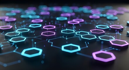 Fototapeta premium Abstract network structure with glowing hexagon nodes and connecting lines