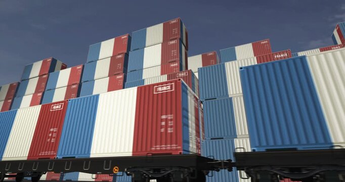France export production and import containers on a freight wagons loop. Business concept of railway train transport and shipping with a France flag. 3D loopable and seamless animation.