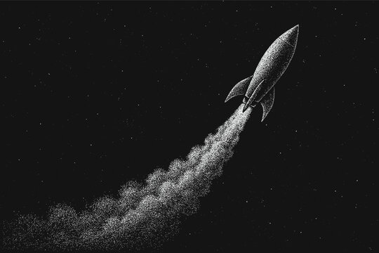 Black and white vector dotwork illustration of a rocket launch with thick smoke behind it. Hand-drawn stippling style artwork showing spacecraft rising into outer space.