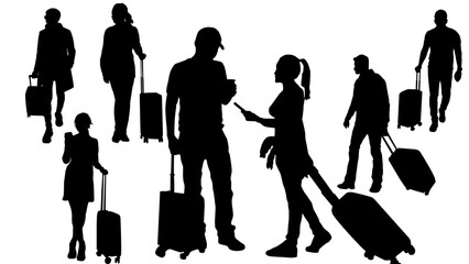 silhouettes of people with suitecase passengers at airport