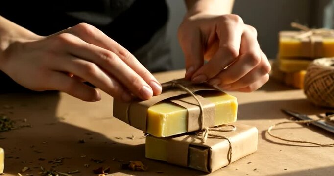 Hands wrapping handmade soap bars with natural herbs