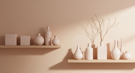 Decorative vases and geometric shapes on shelves, soft lighting